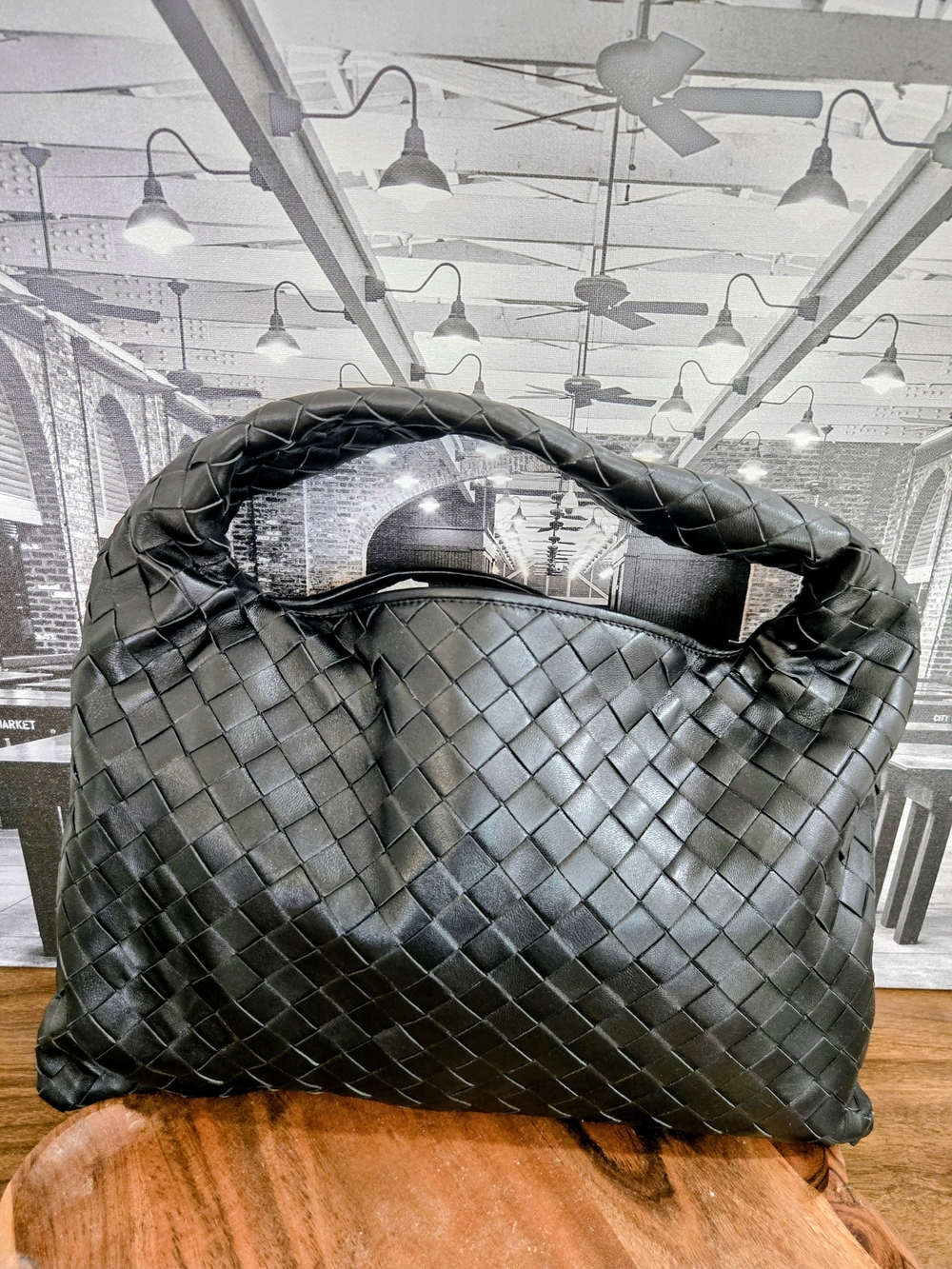 Brand New Unbranded Black Woven Leather Slouchy Hobo Bag + Matching Zip Pouch